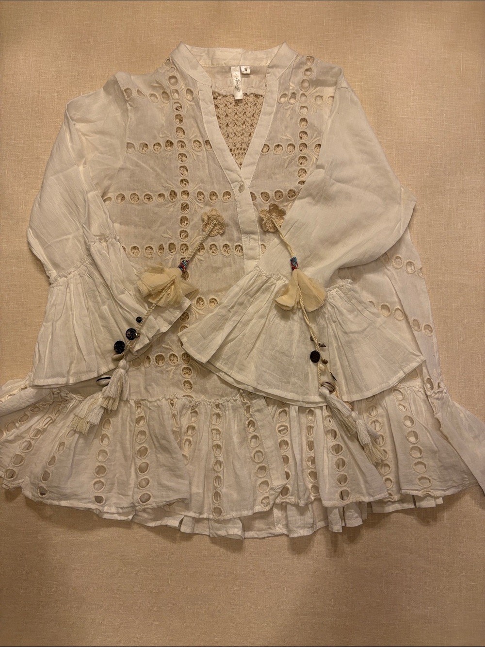 Women’s White Eyelet Boho oversized top with Tassel Details